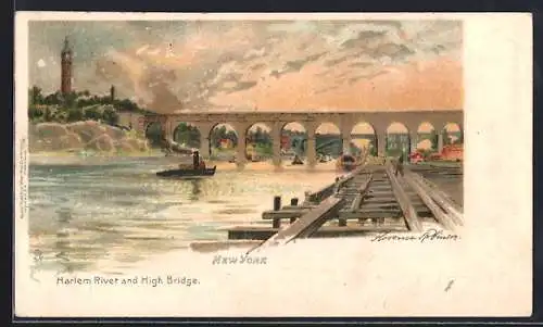 Künstler-Lithographie New York, NY, Harlem River and High Bridge