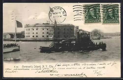 AK New York, NY, Governor`s Island with fort, tugboat in front