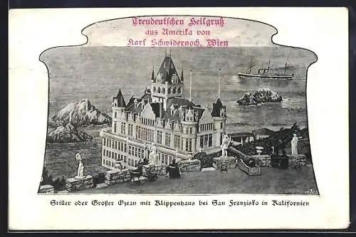 AK San Francisco, CA, Stiller oder Grosser Ozean mit Klippenhaus im Passepartout