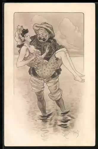 Künstler-AK Dame im Badeanzug wird getragen