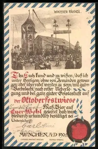 AK München, Oktoberfest, Gaststätte Winzerer Fähndl, Urkunde mit Siegel