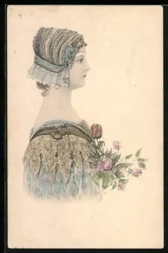 AK junge Frau mit toller Kopfbedeckung und Blumenstrauss, Jugendstil