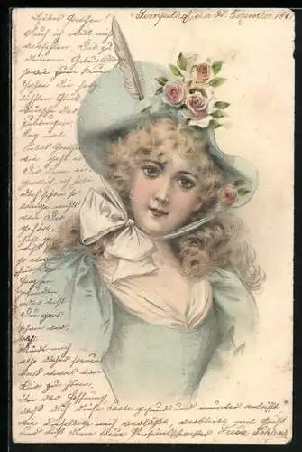 Künstler-AK Frau mit gelocktem Haar trägt imposante Kopfbedeckung, Jugendstil