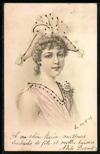 Lithographie Jugendstil, junge Frau im rosafarbenen Kleid mit einem Hut und einer Feder