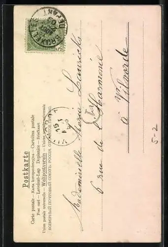 Lithographie Jugendstil, junge Frau im rosafarbenen Kleid mit einem Hut und einer Feder