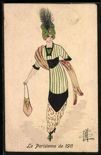 Künstler-AK sign. Bill: La Parisienne de 1911, Frau in grünem Streifenkleid mit Hut