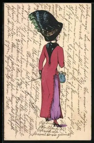 AK Elegante Dame mit federgeschmücktem Hut, Mode