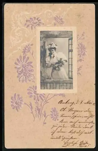Foto-Collage-AK Elegante Dame mit Blumen