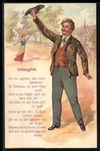 Lithographie Mann kommt von der Musterung wieder, Untauglich, Gedicht