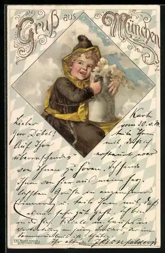Lithographie München, Münchner Kindl mit grossem Bierkrug