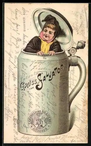 Lithographie Münchner Kindl in einem Bierkrug