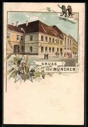 Lithographie München, Kgl. Hofbräuhaus, Münchner Kindl, Katze