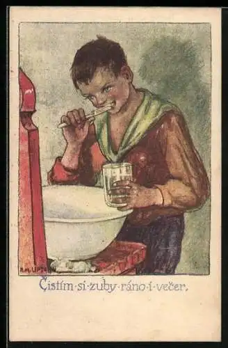 Künstler-AK Junge putzt sich die Zähne, Cistim si zuby rano i vecer