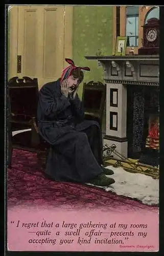 AK Mann mit Zahnschmerzen auf einem Stuhl, I regret that a large gathering at my room- quite a swell affair-...