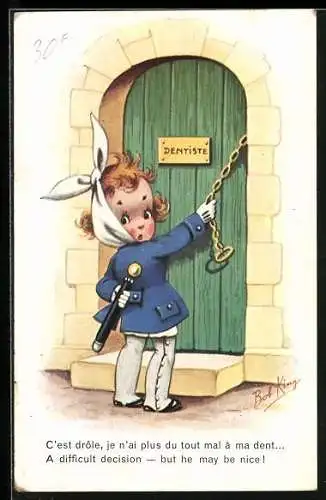 Künstler-AK Kind klingelt an der Tür eines Zahnarztes, A difficult decision- but he may be nice
