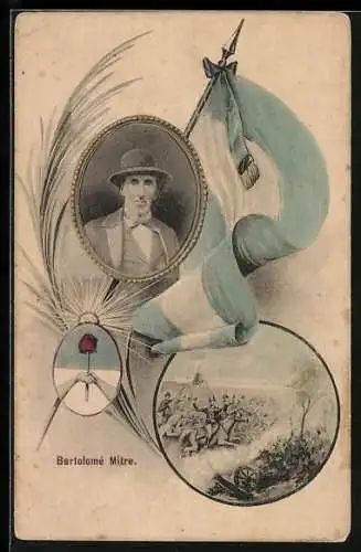 AK Bartolomé Mitre, Erster Präsident von Argentinien, Flagge und Wappen