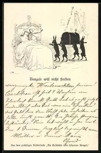 Künstler-AK Bengele im Bett, Hasen bringen einen Sarg, Bengele will nicht sterben
