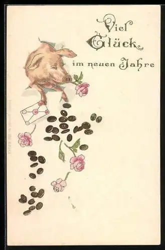 Präge-Lithographie Schwein mit Rosen, Brief und Geld-Münzen, Neujahr