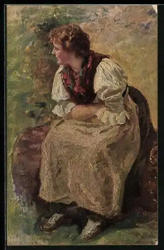 Künstler-AK Wohlgemuth & Lissner, Primus-Postkarte No.3224: Frau in Tracht sitzt auf einer Bank
