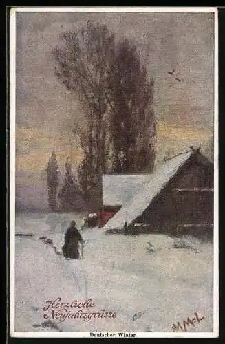 Künstler-AK Wohlgemuth & Lissner, Primus-Postkarte No. 816: M. Moritz-Lübben: Deutscher Winter, verschneites Bauernhaus