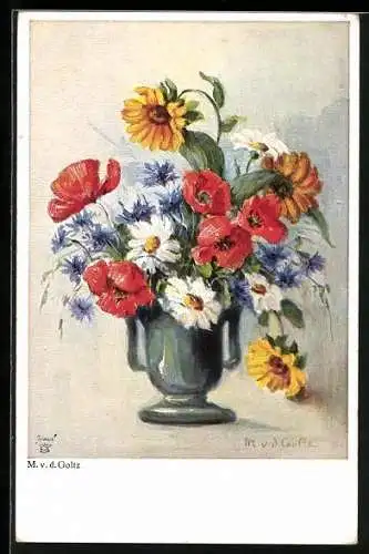 Künstler-AK Wohlgemuth & Lissner, Primus-Postkarte No. 3421, bunter Blumenstrauss in einer Vase