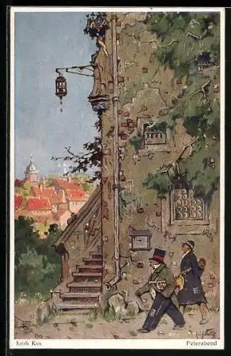 Künstler-AK sign. Erich Kux: Zwei Musiker mit Instrumenten haben Feierabend