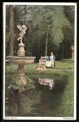 Künstler-AK Wohlgemuth & Lissner, Primus-Postkarte No. 3280, Dame sitzt im Park auf einer Bank u. träumt