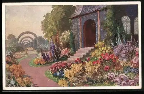 Künstler-AK Raphael Tuck & Sons Nr.1008: Partie in einem blühenden Garten