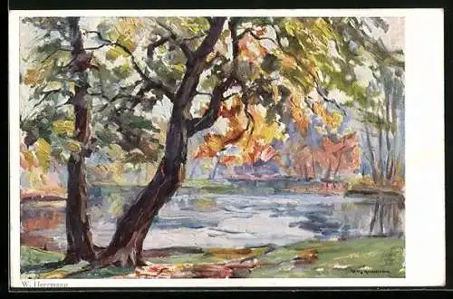 Künstler-AK Wohlgemuth & Lissner, Primus-Postkarte No. 3422: Waldpartie mit Teich