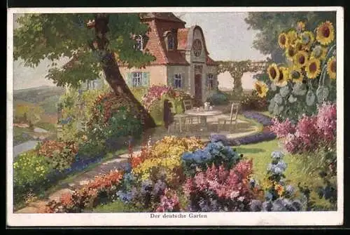 Künstler-AK Wohlgemuth & Lissner, Primus-Postkarte No. 1008: Gartenpartie mit Gebäudeansicht