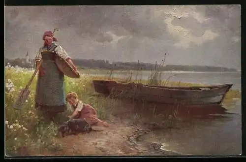 Künstler-AK Wohlgemuth & Lissner, Primus-Postkarte No. 3088, Nach der Feldarbeit, Frau mit ihrem Kind und Hund