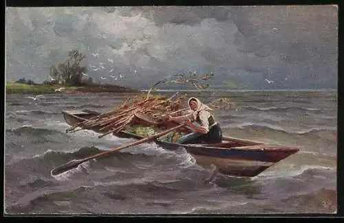 Künstler-AK Wohlgemuth & Lissner, Primus-Postkarte No. 3087: Vor dem Gewitter, Bäuerin hält ihre Ware fest