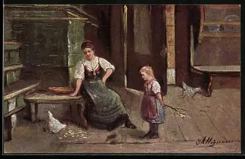 Künstler-AK Wohlgemuth & Lissner, Primus-Postkarte No. 3212: Das Lieblingshühnchen