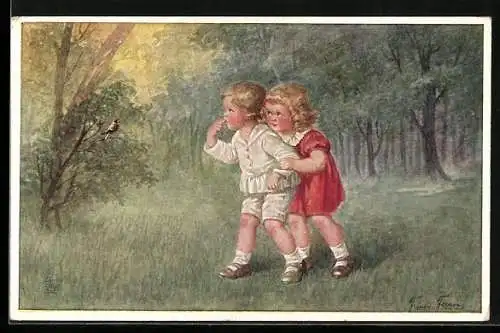 Künstler-AK sign. Francis Fernon: Kinderpaar im Wald