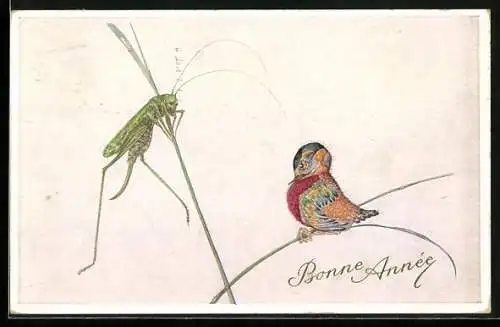 Künstler-AK Wohlgemuth & Lissner, Primus-Postkarte No. 03397: Grashüpfer und bunter Vogel
