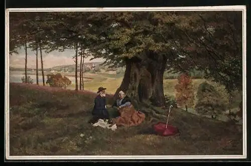 Künstler-AK Wohlgemuth & Lissner, Primus-Postkarte No. 5009, Spätsommer, älteres Paar sitzt unter einem Baum