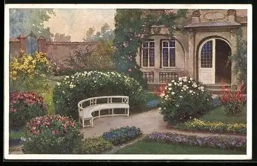Künstler-AK Wohlgemuth & Lissner, Primus-Postkarte No. 1003, Blühende Gärten, Gartenbank vor Villenportal