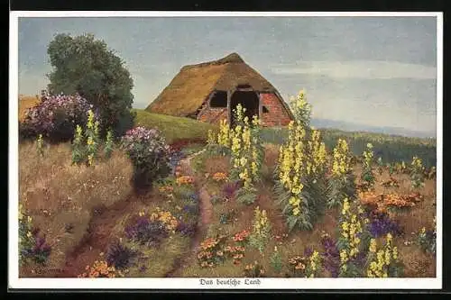 Künstler-AK Wohlgemuth & Lissner, Primus-Postkarte No. 1095: Das deutsche Land, Reetdachhaus und Wiesenblumen