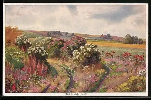 Künstler-AK Wohlgemuth & Lissner, Primus-Postkarte No. 1095: Der deutsche Land, Rosenbüsche mit Landschaftspanroma