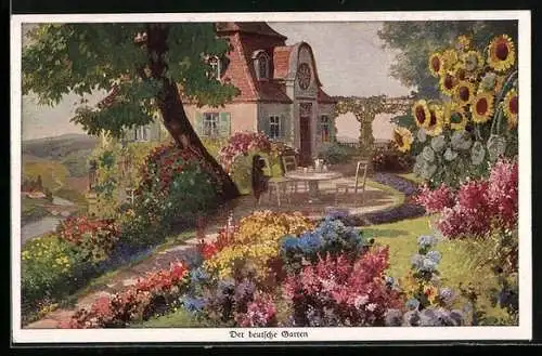 Künstler-AK Wohlgemuth & Lissner, Primus-Postkarte No. 1008: Gartenpartie mit Gebäudeansicht