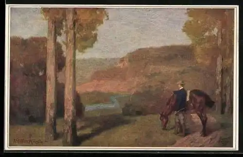Künstler-AK Wohlgemuth & Lissner, Primus-Postkarte No. 5007: Herbstnachmittag, Reiter mit Pferd