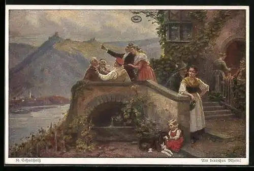 Künstler-AK Wohlgemuth & Lissner, Primus-Postkarte No. 3054: Am deutschen Rhein, Menschen trinken Wein