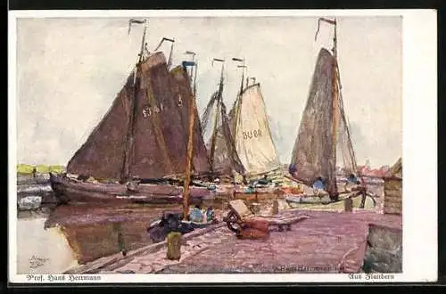 Künstler-AK Wohlgemuth & Lissner, Primus-Postkarte No. 3115: Hafenpartie mit Segelschiffen