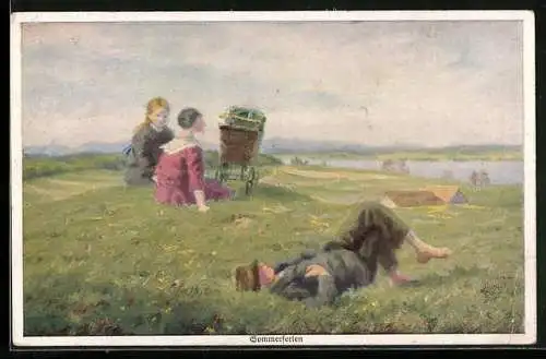 Künstler-AK Wohlgemuth & Lissner, Primus-Postkarte No. 1172: Sommerferien, Rast am Fluss, mit Kinderwagen