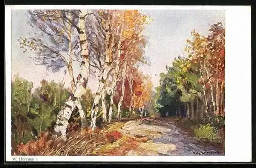 Künstler-AK Wohlgemuth & Lissner, Primus-Postkarte No. 3423: Herbsteinsamkeit, Weg am Wald