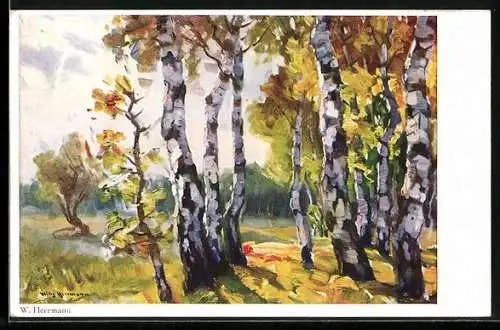Künstler-AK Wohlgemuth & Lissner, Primus-Postkarte No. 3423: Herbsteinsamkeit, Birken am Wasser