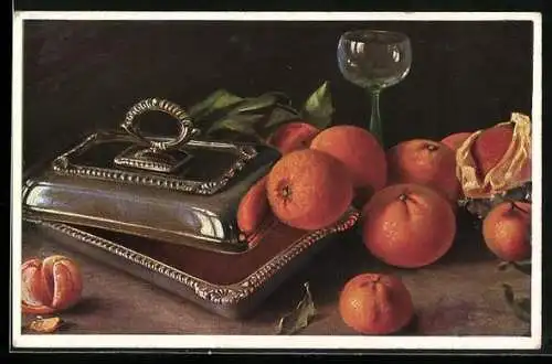 Künstler-AK Wohlgemuth & Lissner, Primus-Postkarte No. 506: Silberne Schatulle, Orangen und Glas