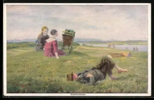Künstler-AK Wohlgemuth & Lissner, Primus-Postkarte No. 1172: Sommerferien, Rast auf einer Wiese