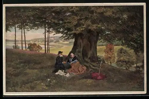 Künstler-AK Wohlgemuth & Lissner, Primus-Postkarte No. 5009, Spätsommer, älteres Paar sitzt unter einem Baum