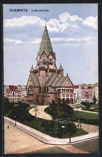 AK Chemnitz, Lutherkirche mit Strassenpartie